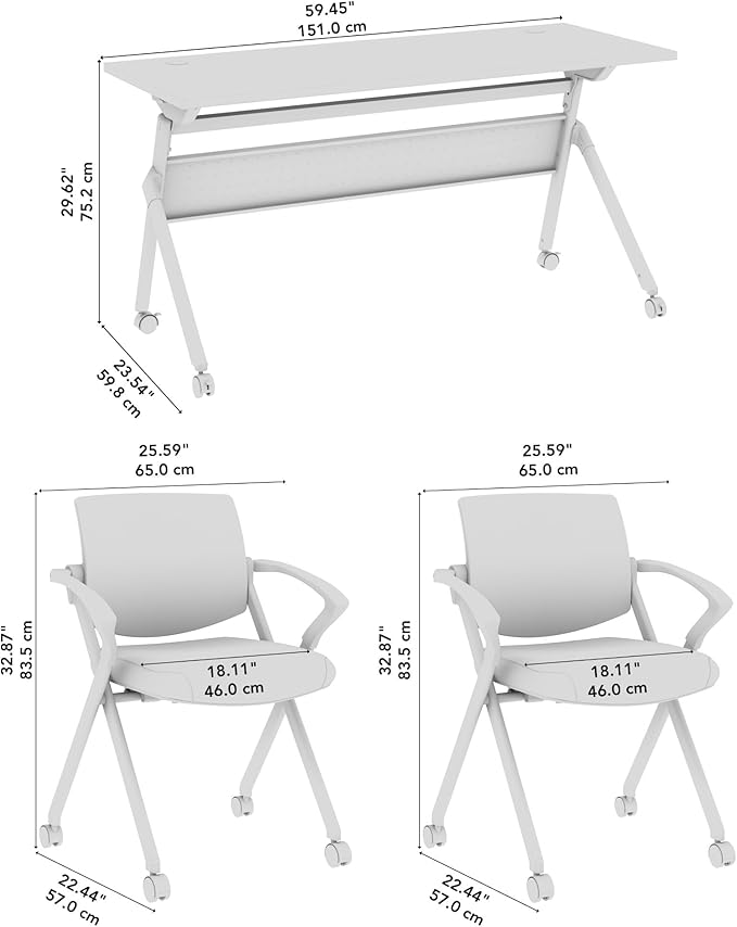 Bush Business Furniture Folding Training Table Set for 2, 60 inch, 2 Mesh Back Folding Chairs with Arms, Commercial-Grade Bundle for Office or Classroom, Envision Collection, Gray