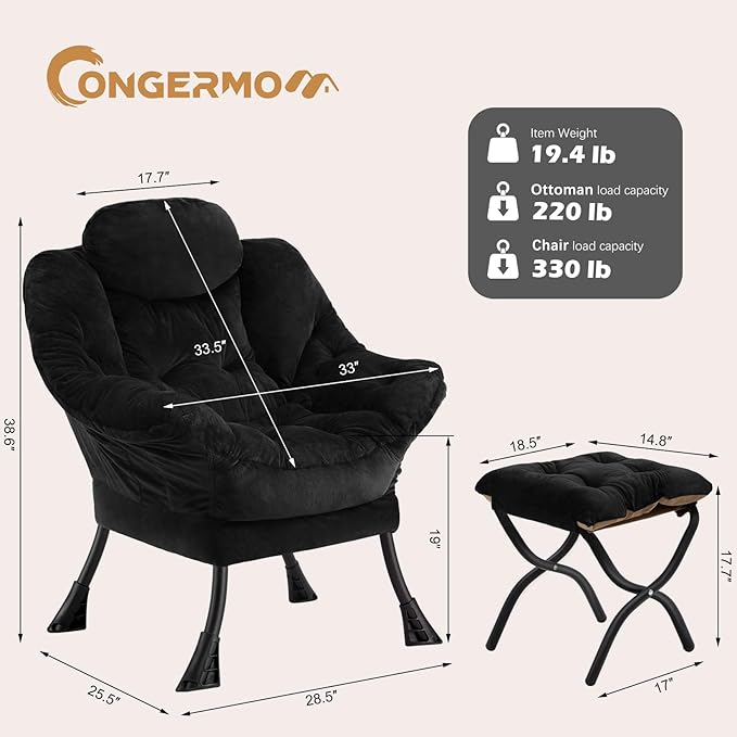 Lazy Chair with Folding Ottoman,Leisure Sofa Chair,Soft Fabric Armchair with Armrests and Side Pockets, Reading Chair with Footrest for Living Room, Bedroom, Office (Plush Black)