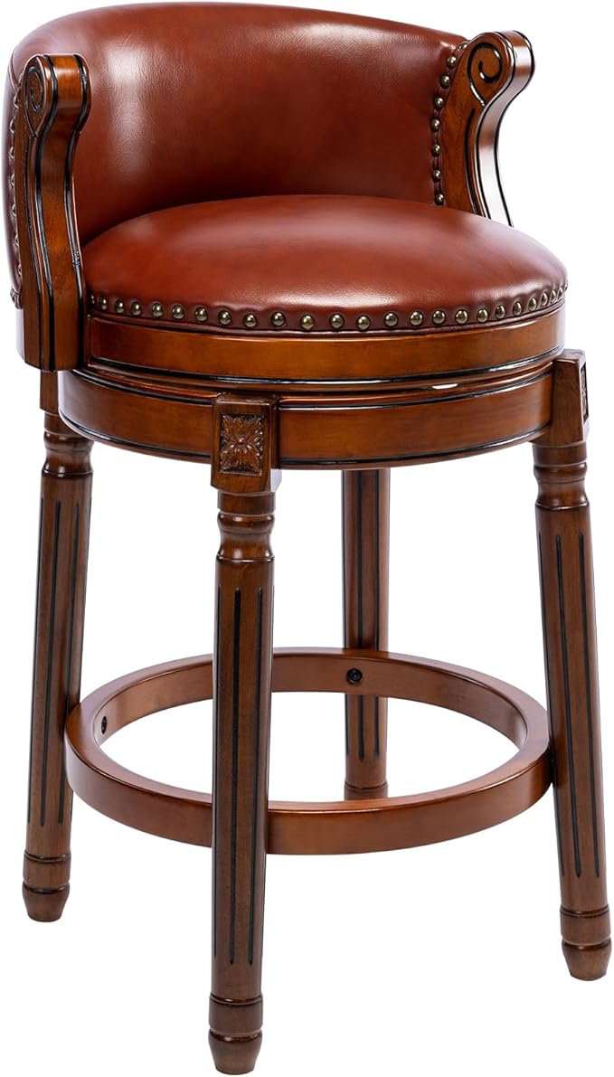 Cow top Leather Wooden Bar Stools, 26" Counter Height Bar Chair with Back, 180 Degrees Swivel Barstools Chair for Home Kitchen Counter,Dining Room, Restaurant