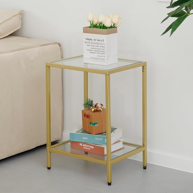 Modern 2-Tier Tempered Glass End Table - Stylish Black Metal Side Table for Small Spaces, Perfect for Living Room & Bedroom (Gold, 1PCS)