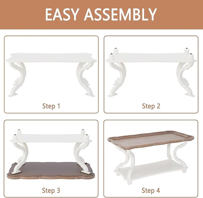 Function Home Farmhouse Coffee Table, Rustic White Cocktail Table with Storage Shelf, Sofa Table with Natural Tray Top and Carved Legs for Living Room Furniture Dining Room, Vintage White