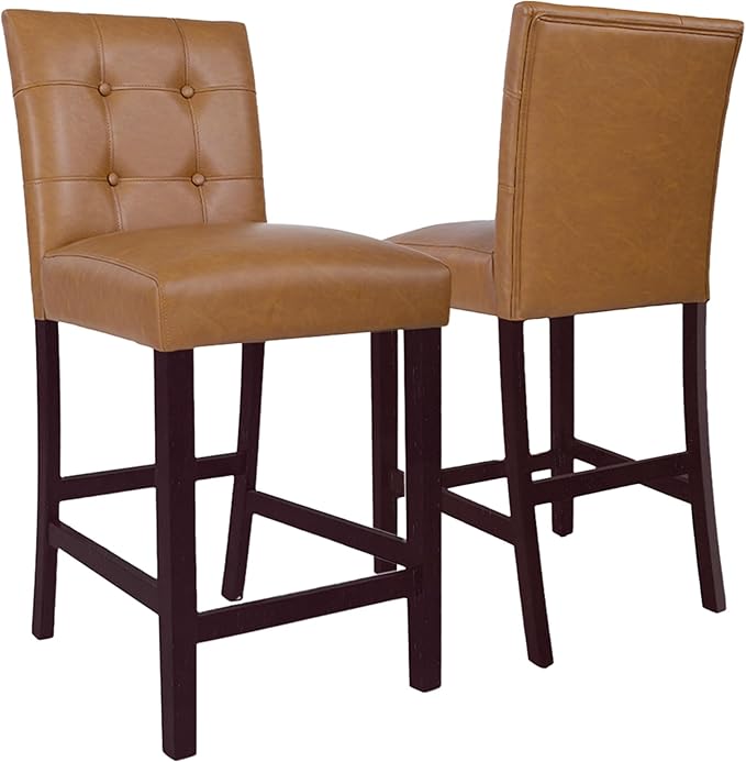 HomePop 24" Upholstered Button Tufted Leatherette Counter Height Barstool Chairs, Carmel Faux Leather (Set of 2)