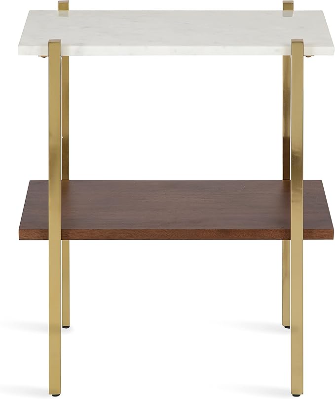 Kate and Laurel Abcott Midcentury Side Table, 20 x 12 x 24, Walnut Brown and Gold, Decorative Two-Tier Bedroom Nightstand Table with Genuine Marble Tabletop