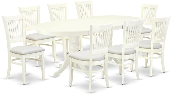 East West Furniture VAVA9-LWH-C 9 Piece Dining Set Includes an Oval Dining Room Table with Butterfly Leaf and 8 Linen Fabric Upholstered Kitchen Chairs, 40x76 Inch, Linen White