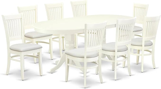 East West Furniture VAVA9-LWH-C 9 Piece Dining Set Includes an Oval Dining Room Table with Butterfly Leaf and 8 Linen Fabric Upholstered Kitchen Chairs, 40x76 Inch, Linen White