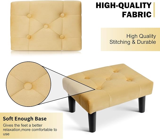 HOUCHICS Small Footstool Ottoman,Velvet Soft Footrest Ottoman with Wood Legs,Sofa Footrest Extra Seating for Living Room Entryway Office(Yellow 1PACK)