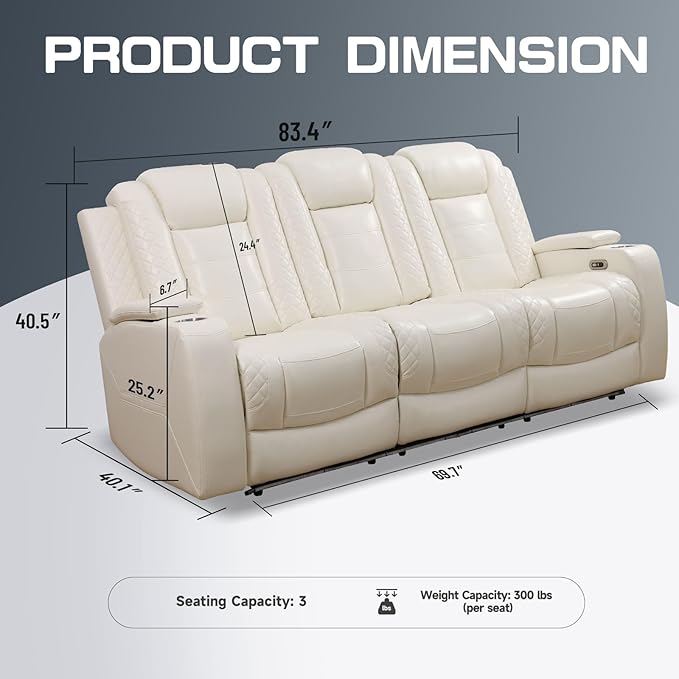 PU Leather Power Wall Hugger Chair Double Reclining Sectional Sofa 3-Seater Loveseat Couch with Reversible Coffee Table, Wireless Chargers, USB Port, Cup Holders, Storage Armrest, Ambient LED Light