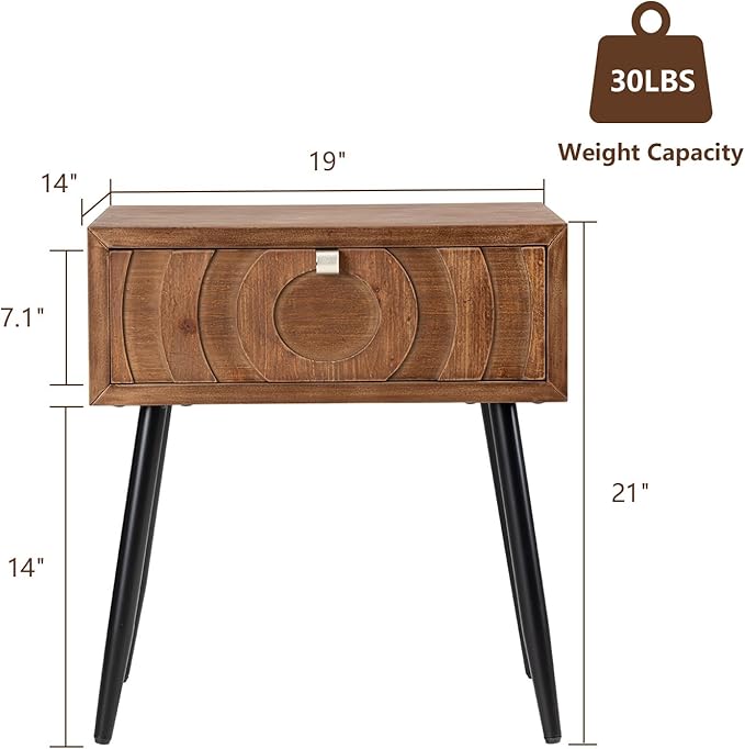 COSIEST End Tables Set of 2, Mid Century Modern Nightstands, Wood Bedside Tables, Accent End Tables with One Storage Drawer for Living Room, Bedroom (Brown, Circle Pattern)