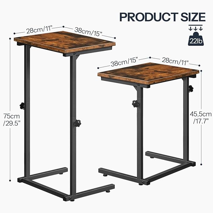HOOBRO C Shaped End Table, Adjustable Height Side Table for Sofa, Couch Table for Small Space, Slide Under Small Tray Side Table for Living Room, Bedroom, Rustic Brown and Black BF71SF01