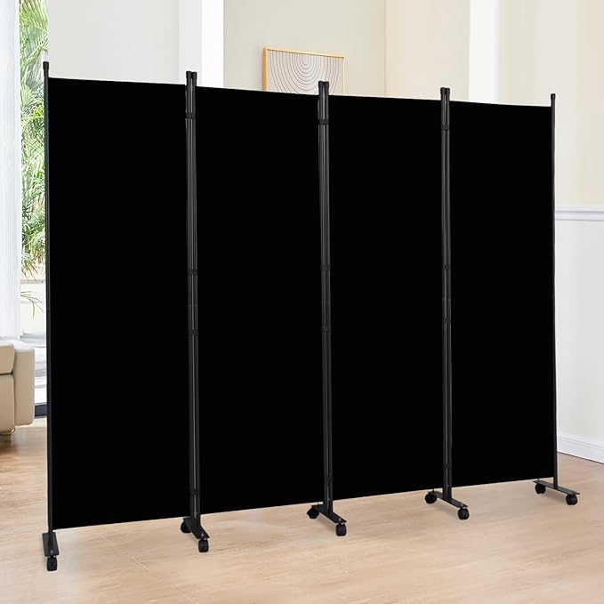 Room Divider 6FT Room Partition with Lockable Wheels,4 Panel (Thicked Metal Base) Room Dividers, Freestanding Indoor Folding Privacy Screens, Portable Fabric Wall Divider for Room Separation, Black