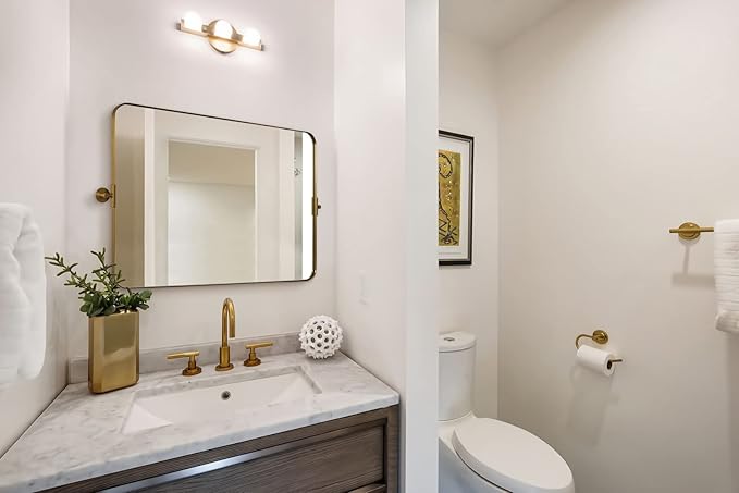 MOON MIRROR 30" x 22" Brushed Gold Rectangle Bathroom Mirror, Tilting Rounded Rectangular Metal Framed Pivot Wall Mirror, Hangs Horizontally Only(Overall 33.75" x 22")