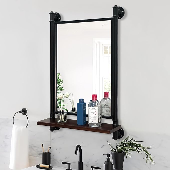 Industrial Pipe Mirror Wood Shelves,Bedroom Mirror with Shelf,Rectangle Iron Wall Mirrors for Living Room Bedroom(29.5x19.68)