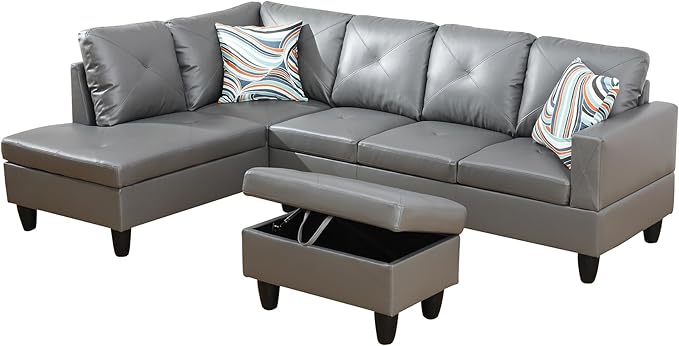 L Shaped Couch Faux Leather Sectional Couch Upholstered 3 Pieces Sofas for Living Room with Chaise, Storage Ottoman for Office and Small Apartment, Dark Grey