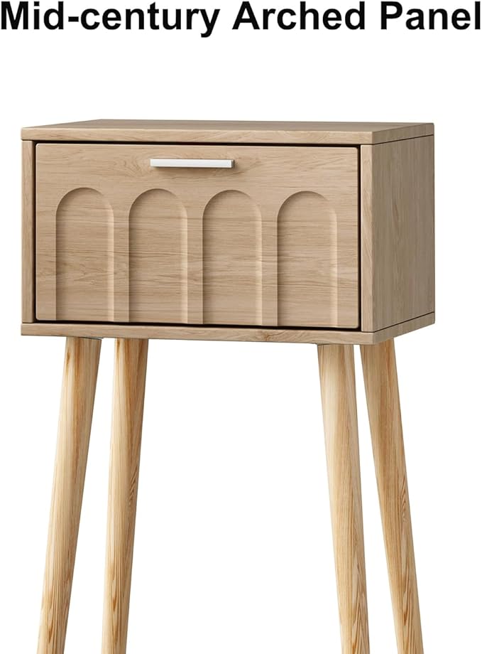 Nightstand Set of 2, Small Bed Side Table with Arch Door, Mid-Century End Table with Wood Legs for Bedroom, Small Space (Natural)