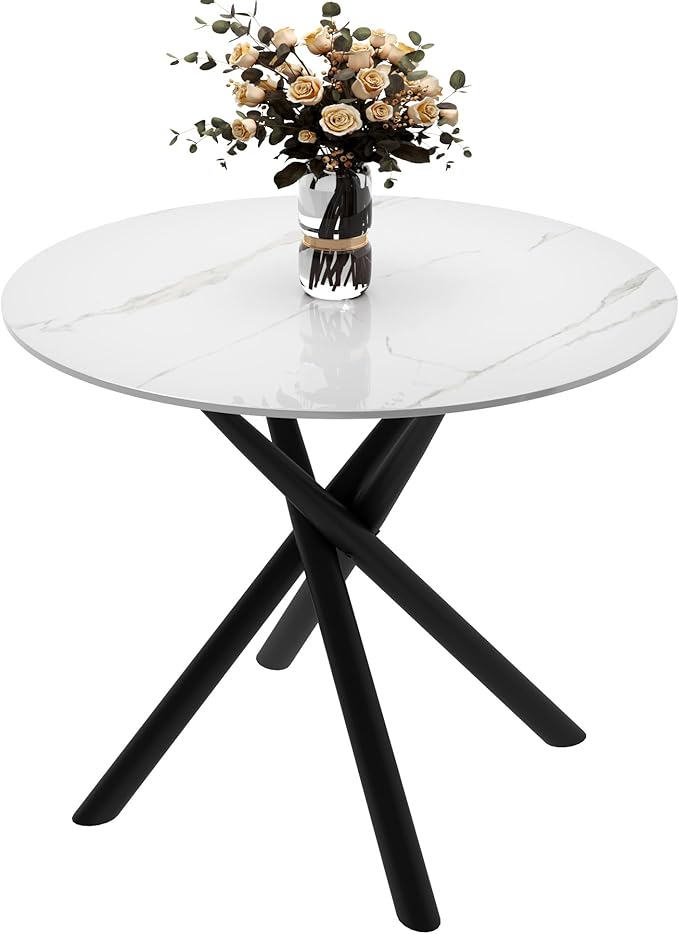 White Marble Round Dining Table with Black Metal Legs, 32 in Modern Sintered Stone Kitchen Table Circle Table for Dining Room Kitchen