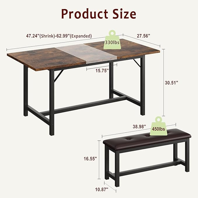 GarveeHome Dining Table Set for 4-6, 63" Extendable Wood Dining Room Table with Corner Protector & 2 Upholstered Benches, Kitchen Table Set for Apartment, Small Space, Easy Assembly, Retro Brown