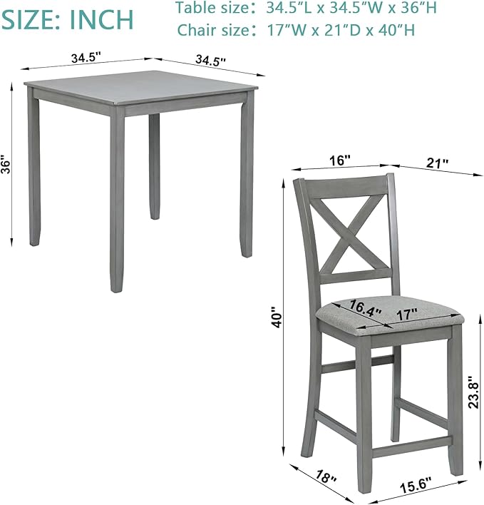 KEIKI 5-Piece Counter Height Dining Table Set with Square Table and 4 Upholstered X-Shaped Backrset Chair, for 4 Person, Modern Style Wooden Table Set, Easy Assembly, for Kitchen, Dining Room, Gray