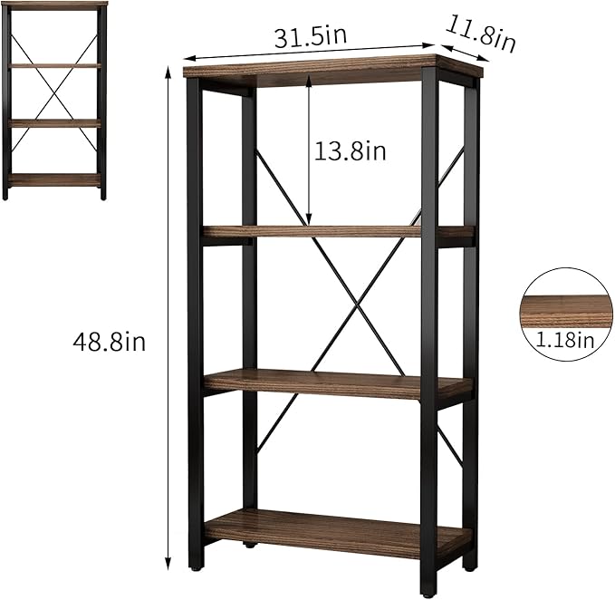 4 Tier Bookshelf, Solid Wood Bookcase Shelf Storage Organizer, Vintage Storage Rack with Open Shelves Rustic Standing Bookshelves for Living Room,Bedroom Rustic Brown(AY01-4tier)