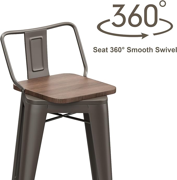 24 Inch Swivel Bar Stools Set of 4 with Backs Counter Height Industrial Metal Barstools Island Bar Chairs for Home Kitchen Dining Room (Swivel 24 inch,Rusty Wooden)