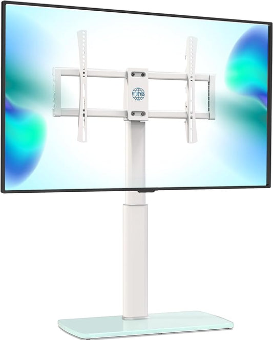 FITUEYES Universal TV Stand, Swivel TV Table Stand for 43 50-65 70 75 80 85Inch Flat Screen, Table Top TV Stand Base Replacement, Height Adjustable TV Mount Stand, Glass Base, Max Holds 110lbs
