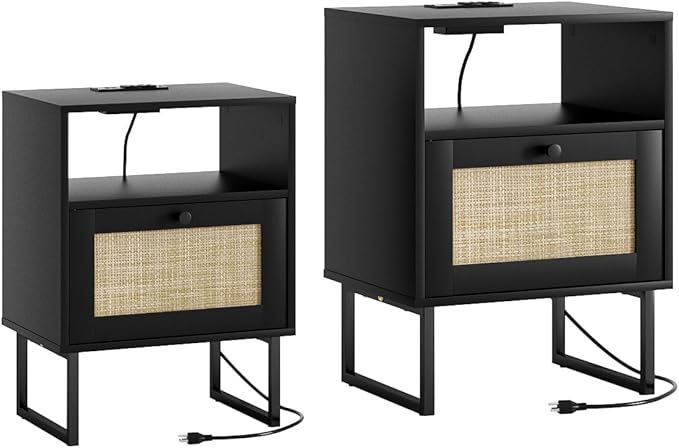 Masupu Extra Large Rattan Nightstand,Boho Night Stand Modern Farmhouse Wood Bedside Table with Storage Drawer and Open Shelf,Side End Table for Bedroom,Living Room,Black