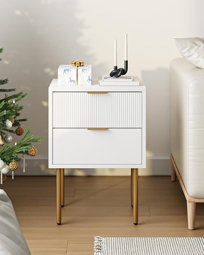 Nightstand,Small Bedside Table with Gold Frame,Morden Night Stand with 2 Drawer,End Table,Side Table with Drawer and Shelf for Bedroom,Living Room (White-2Drawer)