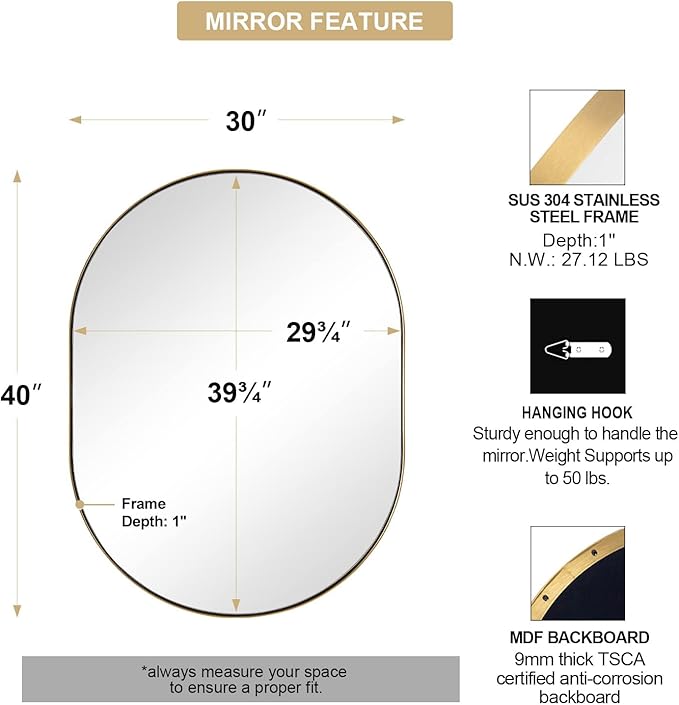 ANDY STAR Brass Bathroom Mirror for Wall, 30x40 Gold Oval Mirrors for Bathroom, Brass Oval Mirrors, Pill Shaped Mirror, Large Vantiy Mirror Stainless Steel 1’’ Deep Hang Vertically & Horizontally
