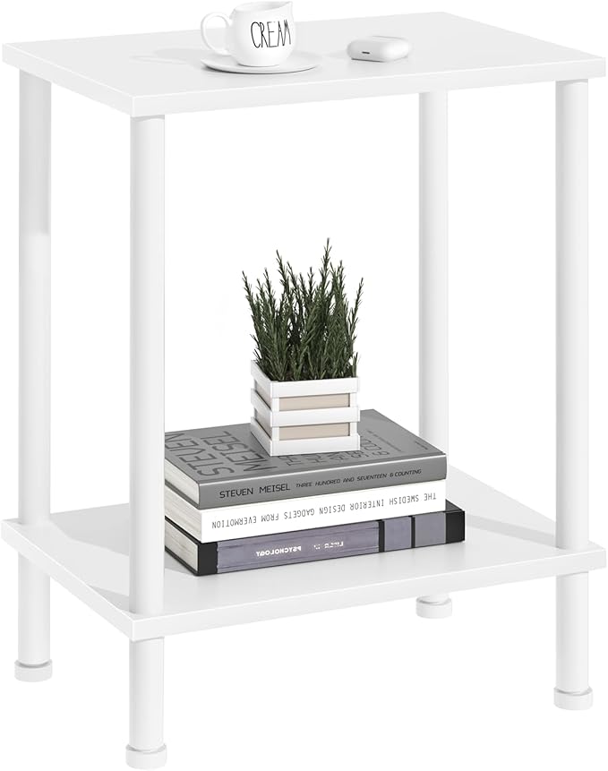 End Table,Small Side Table,2-Tier Nightstand with Storage Shelf,Sofa Bedside Table for Small Spaces in Living Room,Bedroom, Office,Stable Frame,Easy Assembly,White