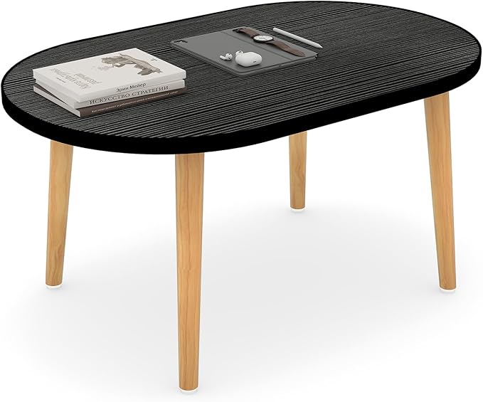 Oval Coffee Table Low Table with 4 Solid Wood Sturdy Legs, Floor Table Desk for Sitting on The Floor, Storage and Living Room Furniture (Black)