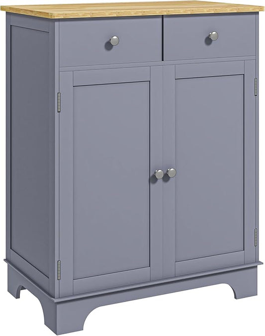 HOMCOM Sideboard with Solid Wood Countertop, Modern Kitchen Storage Cabinet, Coffee Bar Cabinet with 2 Drawers, Doors and Adjustable Shelf, Gray