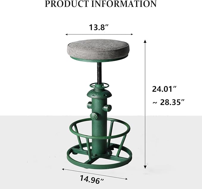 Topower Antique Industrial Round Bottom Adjustable Height Cafe Coffee Retro Vintage Stylish Water Pipe Design Pub Kitchen Bar Stool (Antique Green, PU Leather Top)