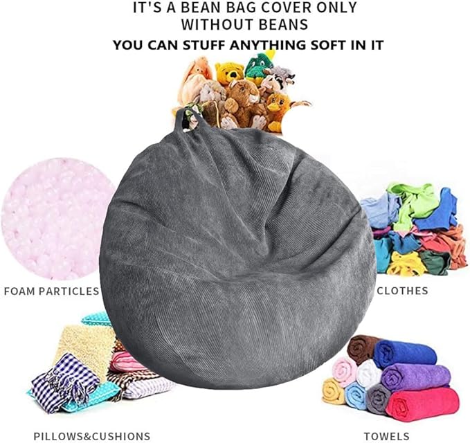 Kisoy Bean Bag Chair Cover (No Filler) Stuffed Animal Storage Bean Bag Cover Pets Dogs/Cats Lazy Beds. Washable Ultra Soft Corduroy Stuffed for Organizing Plush Toys or Textile, Sack Bean Bag
