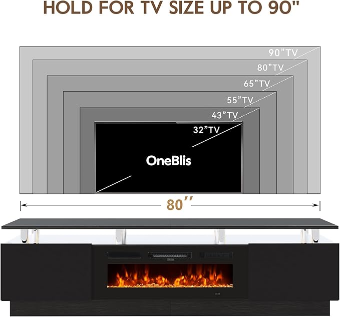80" TV Stand for Living Room, Large Entertainment Center & Media Console, Fits TVs up to 90", Storage Cabinet with Shelves, 36" Electric Fireplace (All Black)