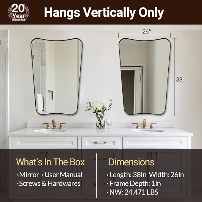 ANDY STAR Bathroom Mirror, 26x38 Inch Matte Black Vanity Mirror, Black Asymmetrical Mirror in Premium Stainless Steel Metal Frame Deep 1’’, Wall Mount Vertically Only