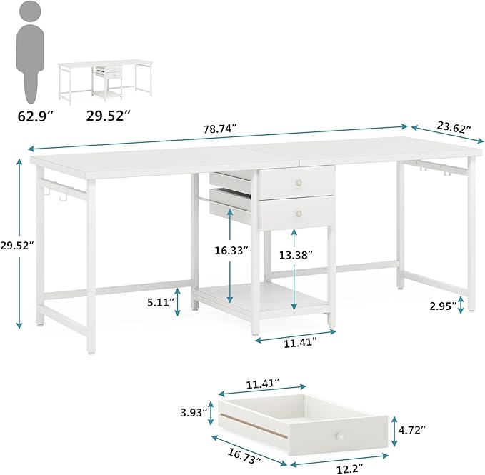Tribesigns 79 Inch Extra Long Desk, Double Desk with 2 Drawers, Two Person Desk Long Computer Desk with Storage Shelves, Writing Table Study Desk for Home Office, White
