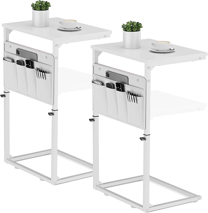 Vagusicc C Shaped End Table, Set of 2 Tall Side Table for Couch, Adjustable Height Small Couch Side Table for Small Spaces, End Table Slide Under Sofa Table TV Tray Arm Table for Living Room, White