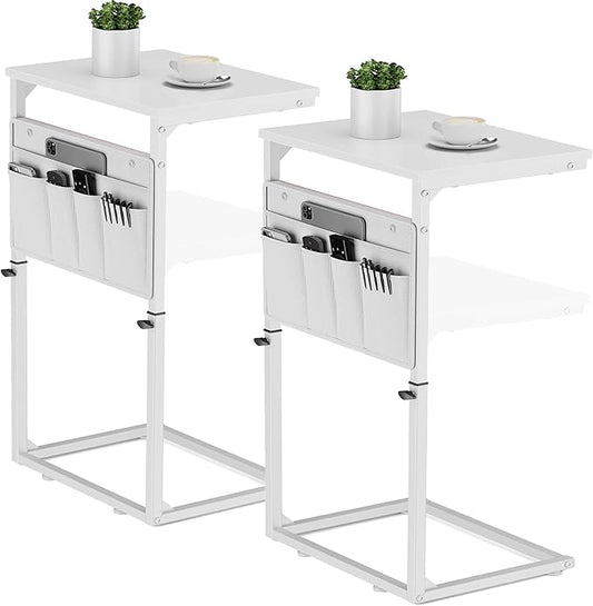 Vagusicc C Shaped End Table, Set of 2 Tall Side Table for Couch, Adjustable Height Small Couch Side Table for Small Spaces, End Table Slide Under Sofa Table TV Tray Arm Table for Living Room, White