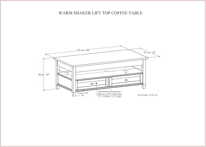 SIMPLIHOME Warm Shaker Lift Top Coffee Table - 48 inch Wide Solid Wood Cocktail Table in Light Golden Brown, Transitional Living Room Table with Hidden Storage, 2 Drawers, and Open Shelf