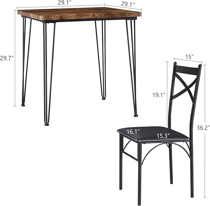 VECELO Kitchen Dining Room Table Set with 2 Chairs for Small Space, Apartment,Metal Steel Frame