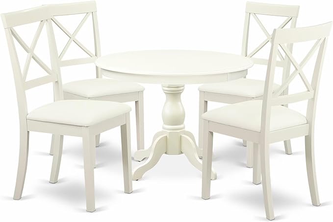 East West Furniture HBBO5-LWH-C 5 Piece Modern Dining Table Set Includes a Round Wooden Table with Pedestal and 4 Linen Fabric Kitchen Dining Chairs, 42x42 Inch, Linen White