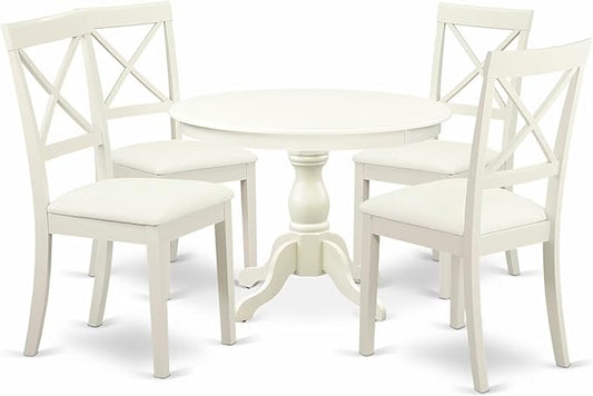 East West Furniture HBBO5-LWH-C 5 Piece Modern Dining Table Set Includes a Round Wooden Table with Pedestal and 4 Linen Fabric Kitchen Dining Chairs, 42x42 Inch, Linen White