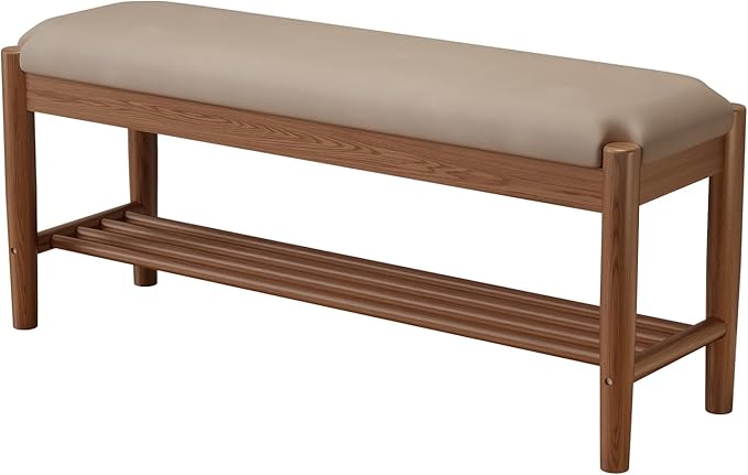 Shoe Bench Entryway with Cushion, Solid Wood Bench with Shoe Storage, 2-Tier Shoe Rack Bench for Entryway,Hallway (Gray)