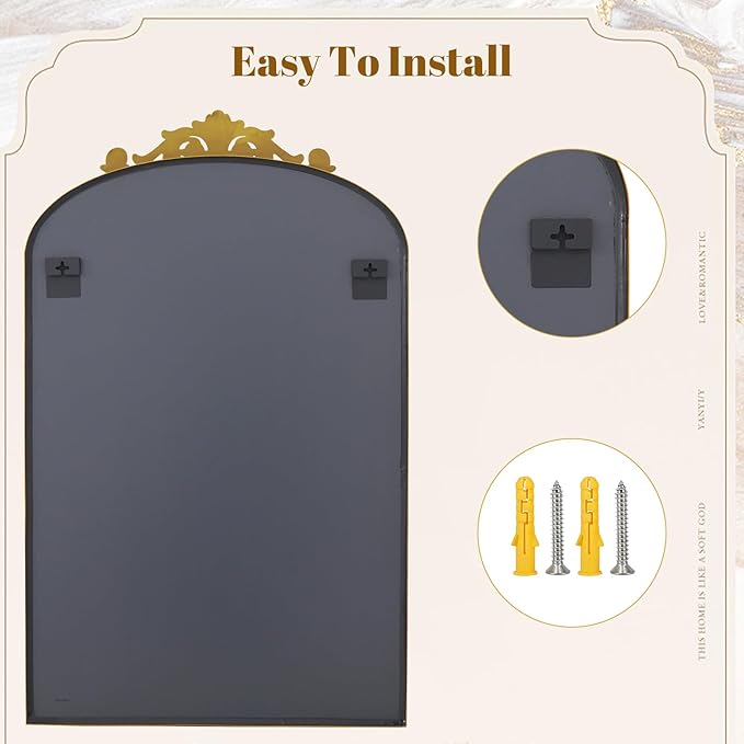Vintage Arched Bathroom Mirror, 26x38 Inch Retro Wall Mounted Vanity Mirror with Carved Pattern Top and Metal Frame, Antique Decorative Mirror for Hanging or Leaning