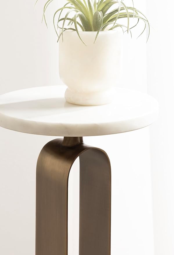 Kate and Laurel Helio Modern Round Marble Drink Table, 8 x 8 x 24, White and Antique Brass, Natural Marble Martini Table for Use as Small Plant Stand or Mini Nightstand