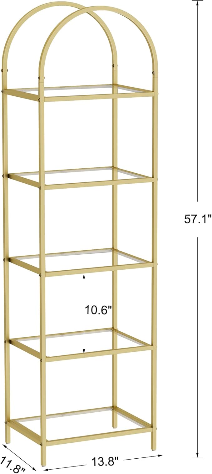 Homhedy Bookshelf Arched Display Racks,Metal Bookcase,Tempered Glass Shelves,Storage Rack Shelf for Home Office,Living Room,Bedroom, Bathroom,Modern Style (Golden, 11.8" D x 13.8" W x 57.1" H)