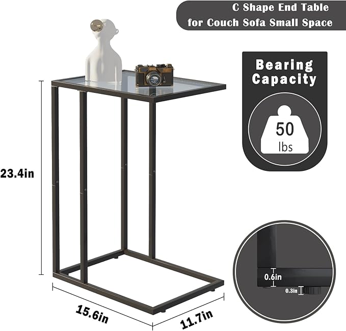 Easy Paws C Shaped End Table Set of 2, Tempered Glass Snack Side Table with Metal Frame, Sofa Couch Side Table, Modern Style, Black