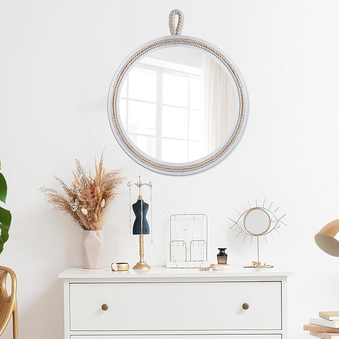 Nautical Round Wall Mirror with Rope 20'' White Circle Hanging Mirror Nursery Coastal Beachy Wall Mirror Decorative Mirror for Bathroom,Livingroom,Entryway-Nautical Theme Décor