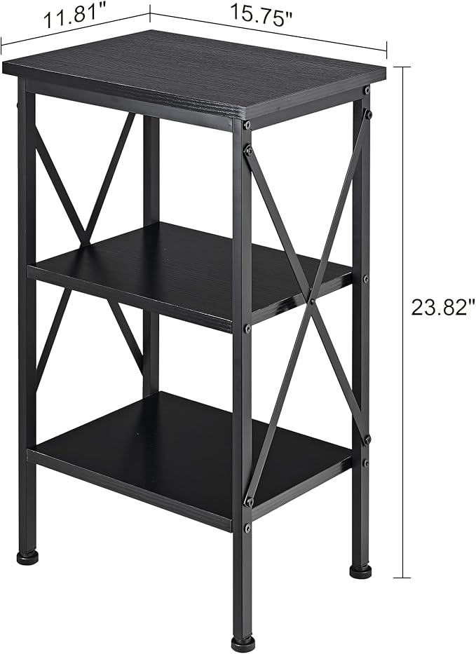 VECELO End Table Set of 2, Bedside Table, 24" Tall Living Room End Tables, X-Design Reinforced Nightstands, Side Table with 3-Tier Storage Shelves for Small Spaces, Office, Bedroom, Classic Black