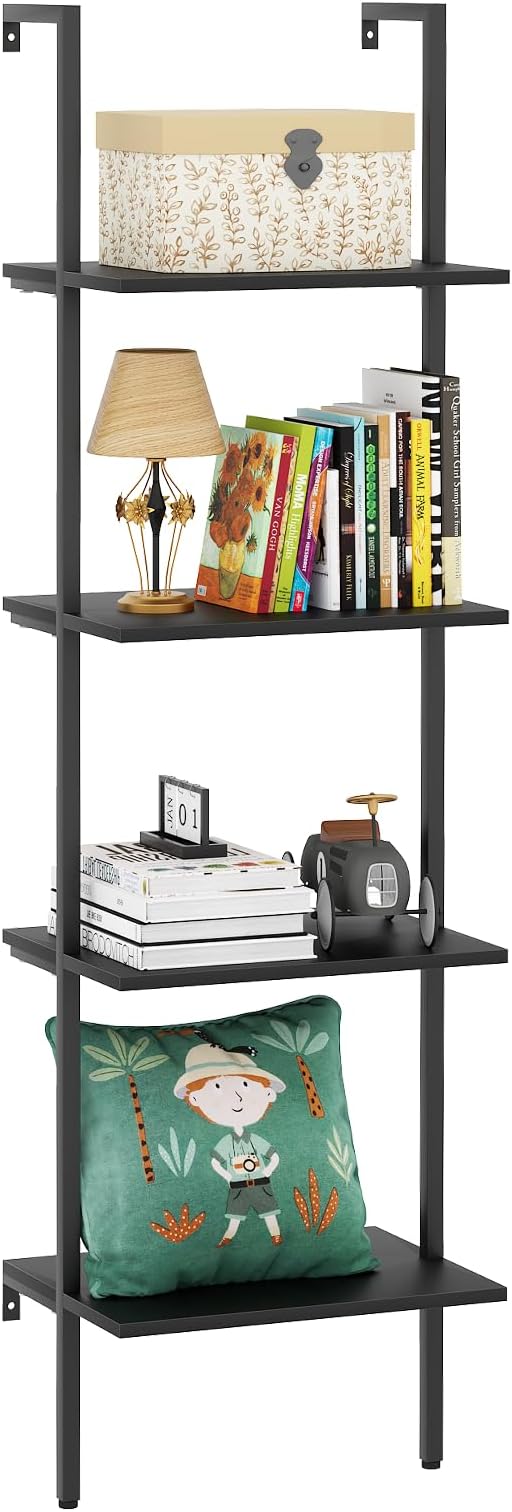Ladder Shelf 4 Tiers Metal Industrial Bookshelf,Black Wooden Tall Open Storage Rack and Display Shelves,Wall Mount Wide Book Case for Home Office Bedroom,Small