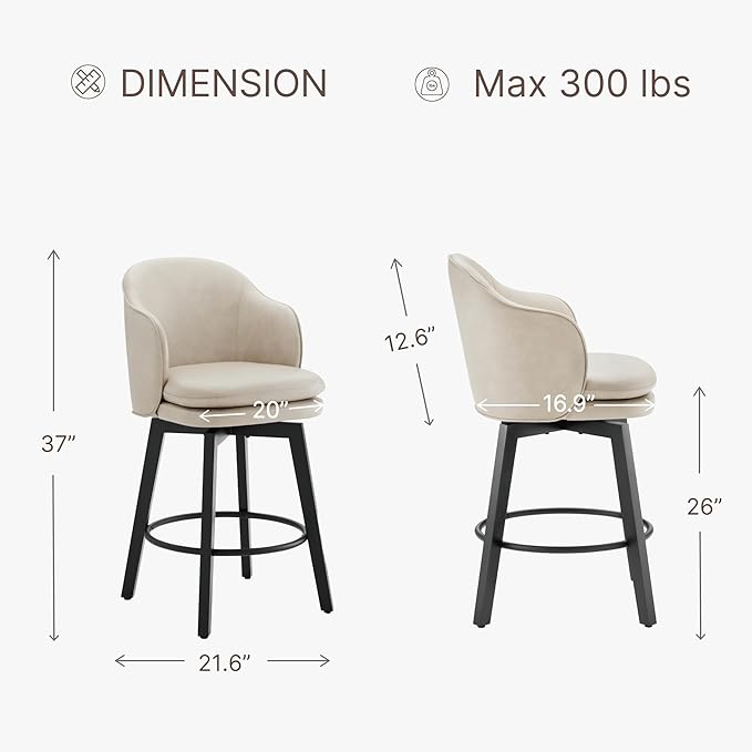 Counter Height Barstools 26 inch Upholstered Swivel Bar Stools with Back and Wood Legs for Kitchen Island,Set of 1,Beige PU Leather